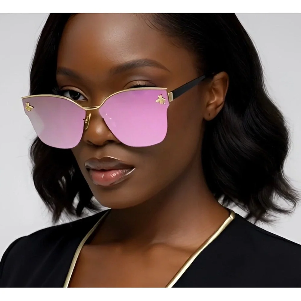 Oversized Sunglasses Pink Mirror Flat Lens‎ Fashion Rimless Shield Women Cat Eye